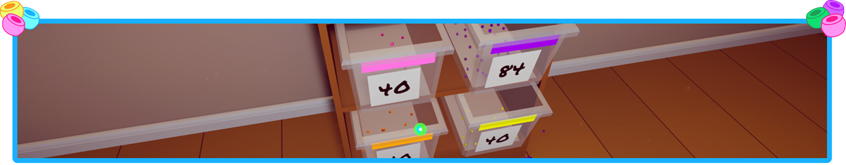 Sorting bins labelled with bead counts, beads raining into them