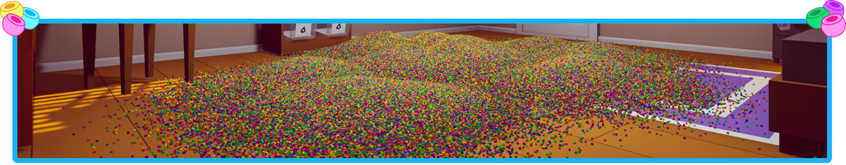 A rolling mound of rainbow pony beads covering a bedroom floor