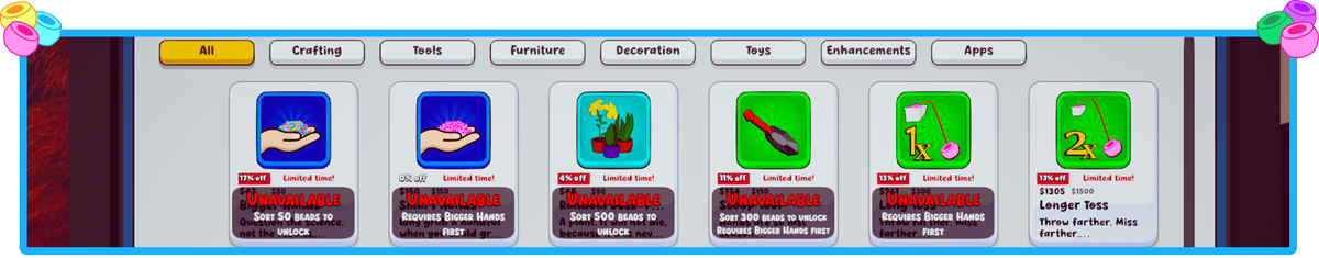 The in-game shop with sorting upgrades, tools, furniture and decorations