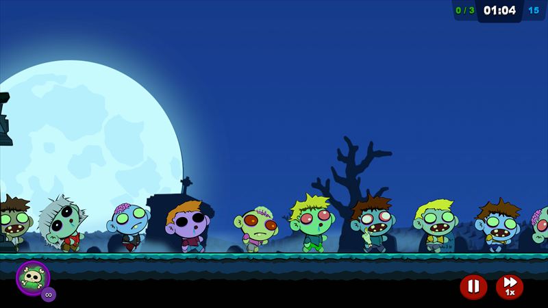 A horde of zombies marching through a graveyard under a giant full moon
